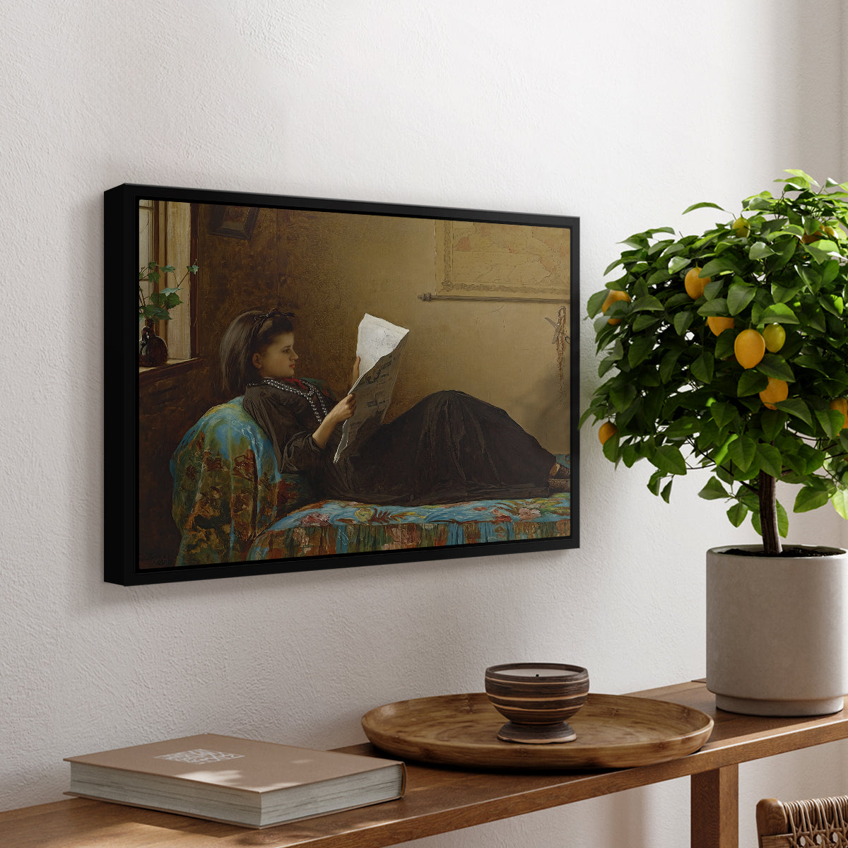 Interesting News, 1872 by Eastman Johnson, presented in a black floater framed canvas featuring a group of people gathered indoors reading newspaper together, displayed above a hallway console table.