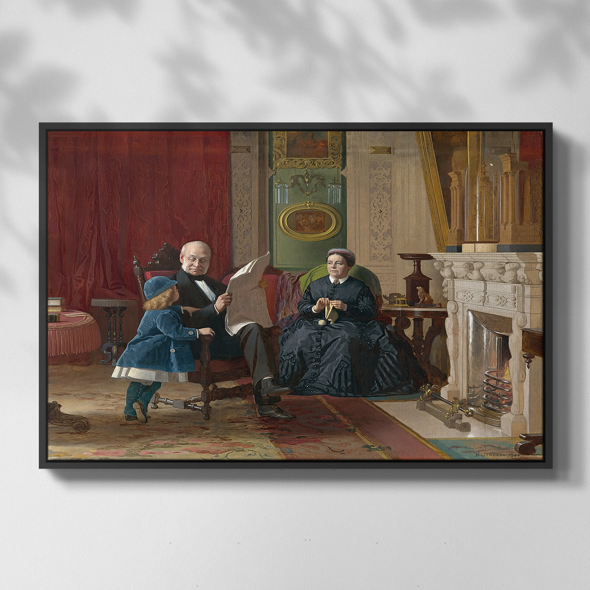 Front view of The Brown Family, 1869 by Eastman Johnson in a black floater framed canvas.