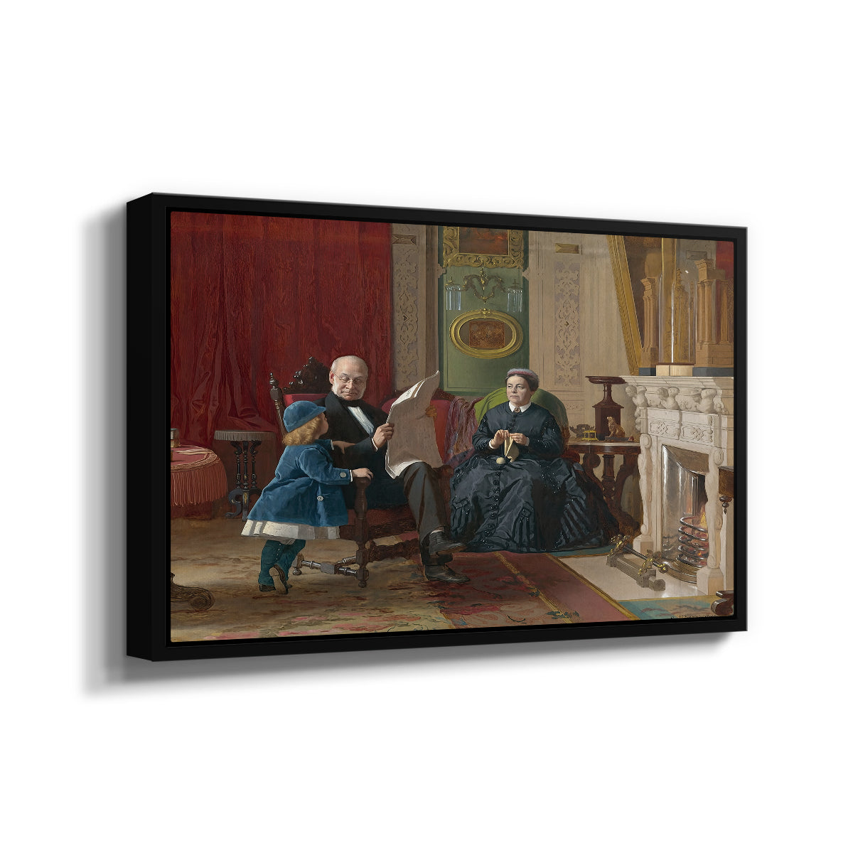Angled view of The Brown Family, 1869 by Eastman Johnson in a black floater framed canvas.