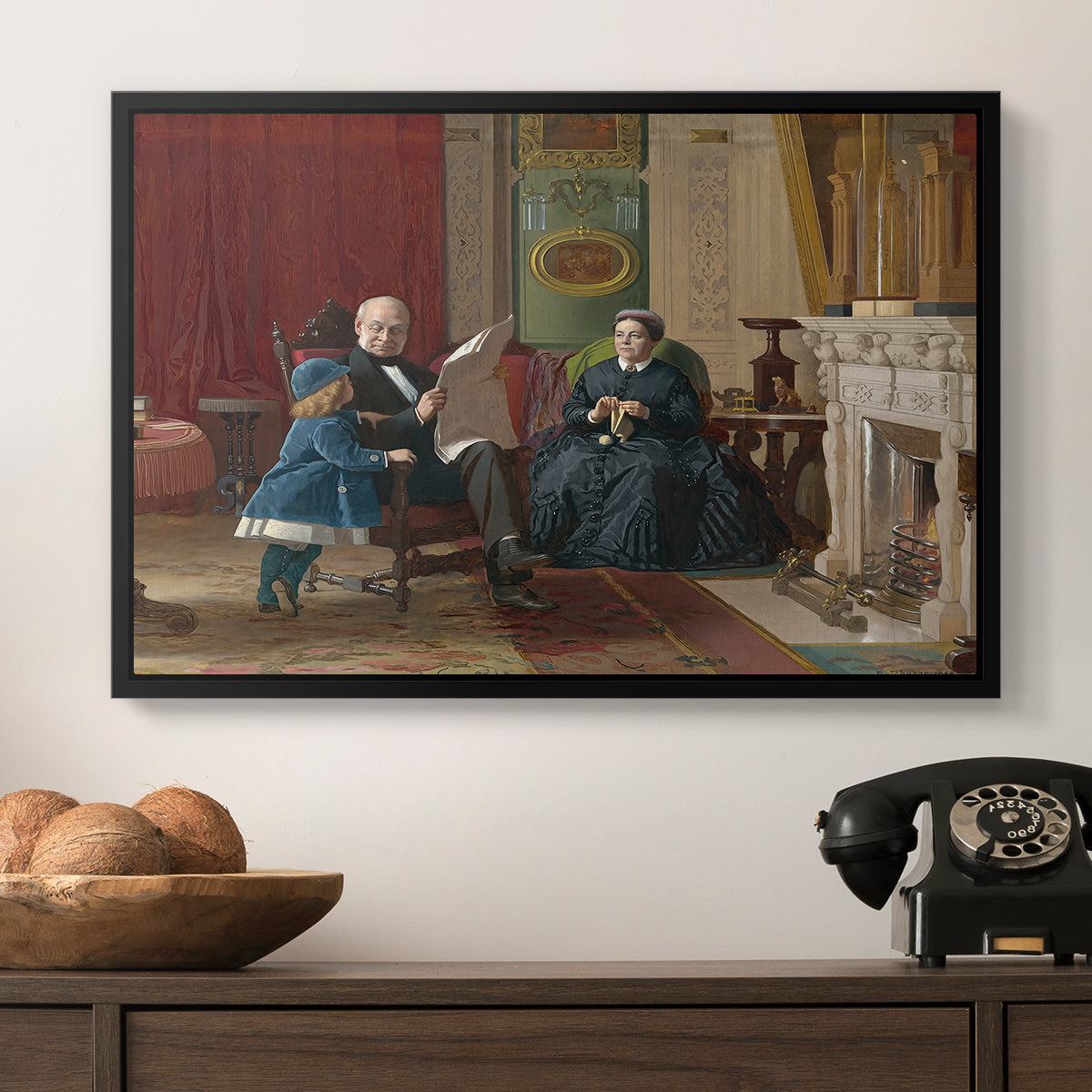 The Brown Family, 1869 by Eastman Johnson in a black floater framed canvas displayed above a console table in a hallway, featuring a family group portrait with warm interior tones.