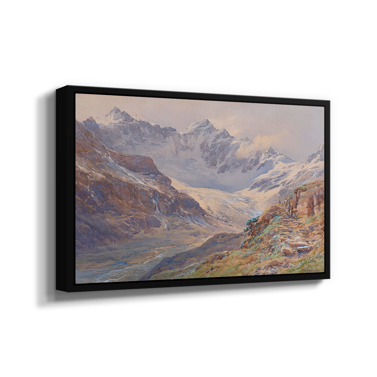 Angled view of Odenwinklkees with the Johannisberg, 1902 by Edward Theodore Compton in a black floater framed canvas.