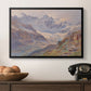 Odenwinklkees with the Johannisberg, 1902 by Edward Theodore Compton in a black floater framed canvas displayed above a console table in a hallway, featuring an expansive alpine view with ice and distant mountains.