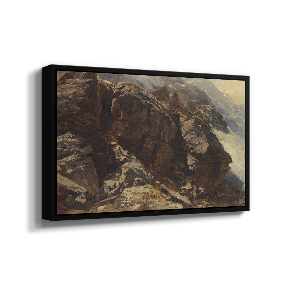 Angled view of High Mountain Study, c. 1870 by Edward Theodore Compton in a black floater framed canvas.