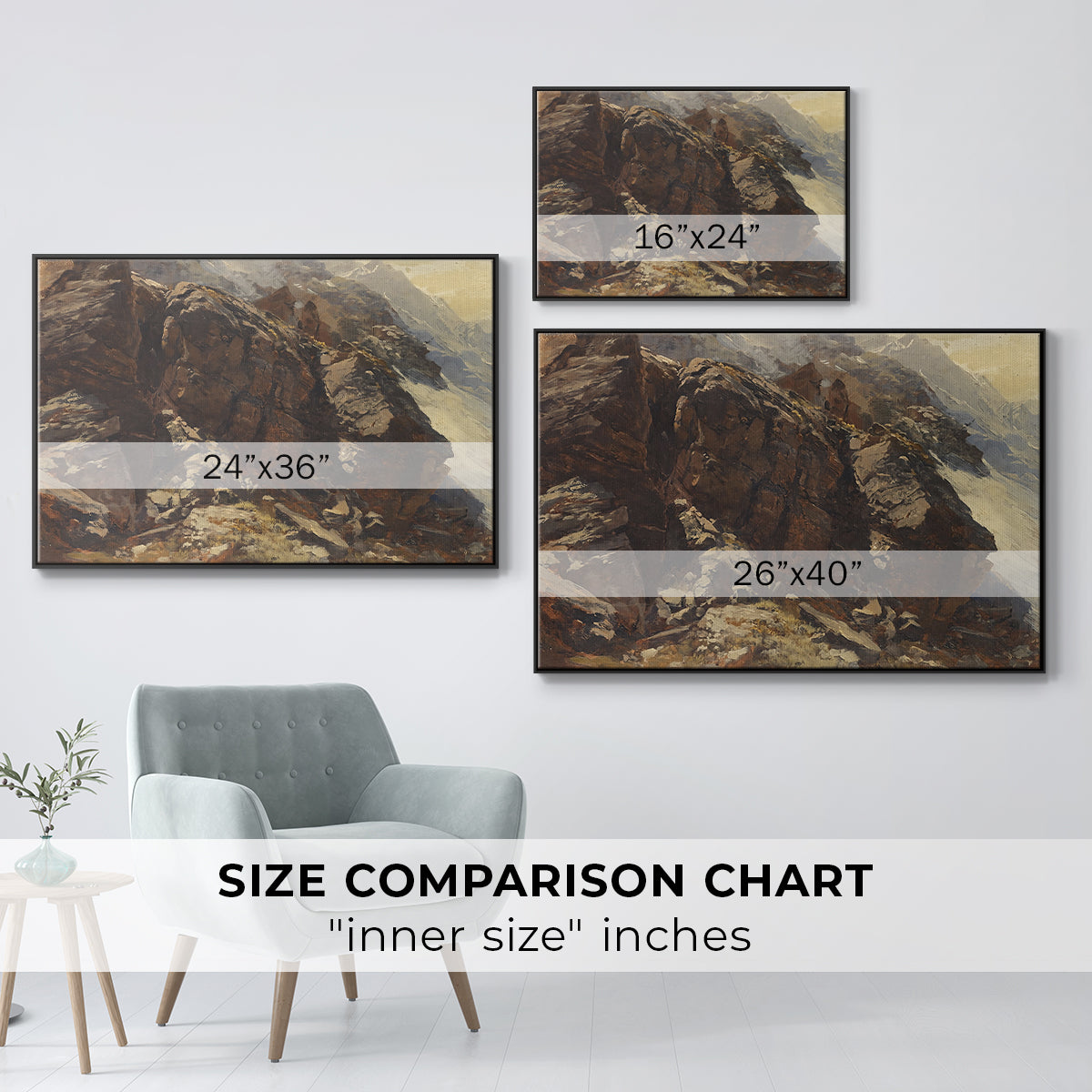 Size comparison chart for black floater framed canvas featuring High Mountain Study, c. 1870 by Edward Theodore Compton.