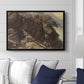High Mountain Study, c. 1870 by Edward Theodore Compton displayed above a sofa in a living room in a black floater frame, featuring a detailed study of rugged mountain landscape with sharp contours.