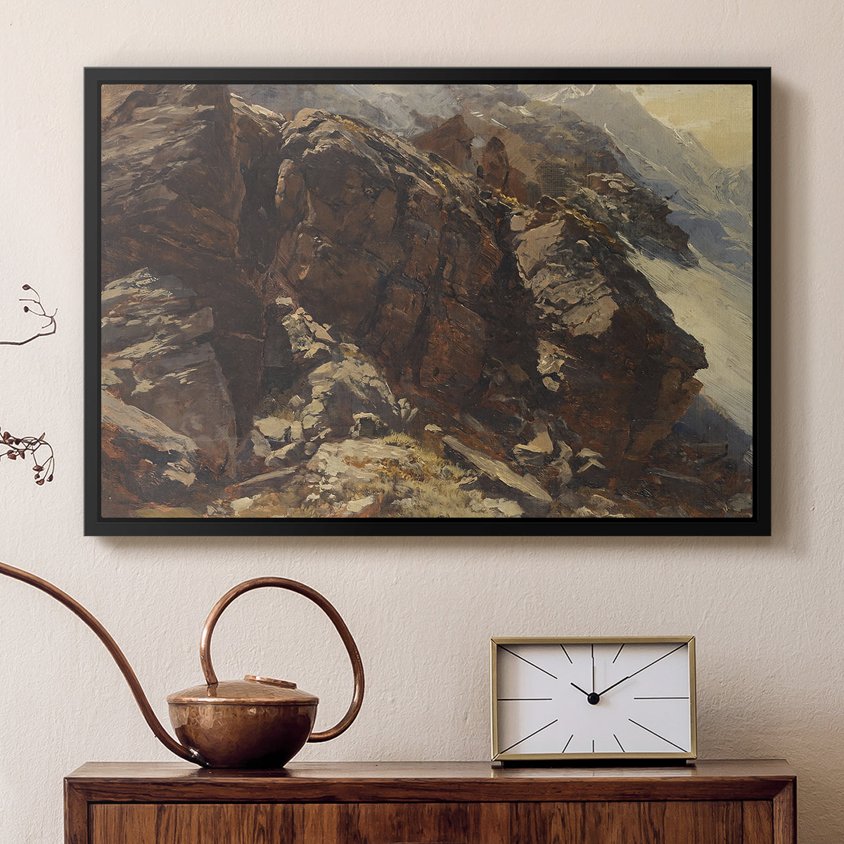 Black floater framed canvas featuring a high-altitude scene with rocky formations and sparse vegetation, displayed above a cabinet in a soft-toned living room.