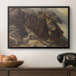 High Mountain Study, c. 1870 by Edward Theodore Compton in a black floater framed canvas displayed above a console table in a hallway, featuring a realistic depiction of mountainous terrain under open sky.