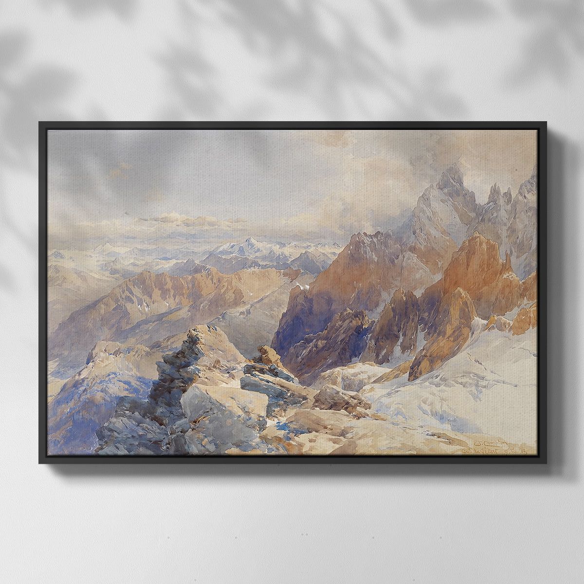 Front view of Col du Géant, 1903 by Edward Theodore Compton in a black floater framed canvas.