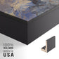 Close-up of the black floater frame corner and gallery wrapped canvas construction.