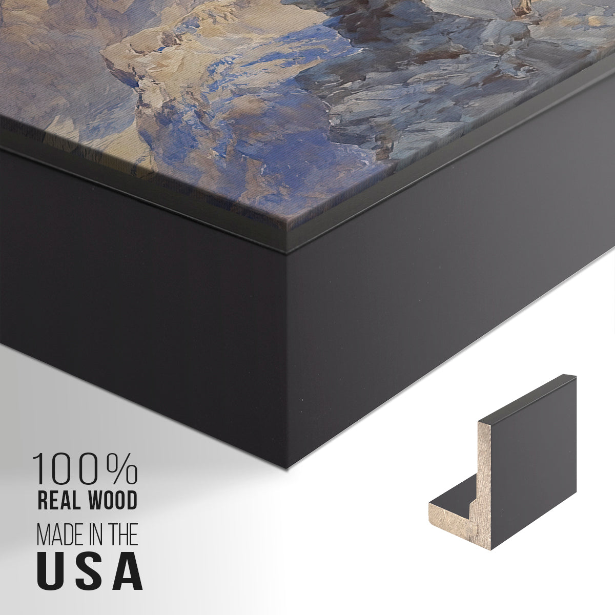 Close-up of the black floater frame corner and gallery wrapped canvas construction.