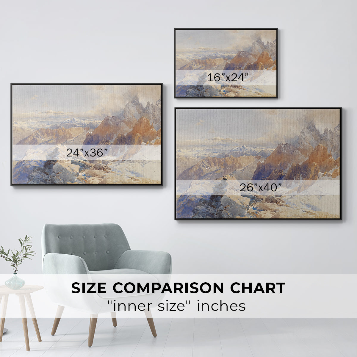 Size comparison chart for black floater framed canvas featuring Col du Géant, 1903 by Edward Theodore Compton.