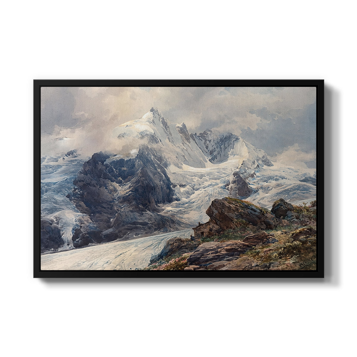 The Grossglockner, 1880 by Edward Theodore Compton in a black floater framed canvas wall art display.