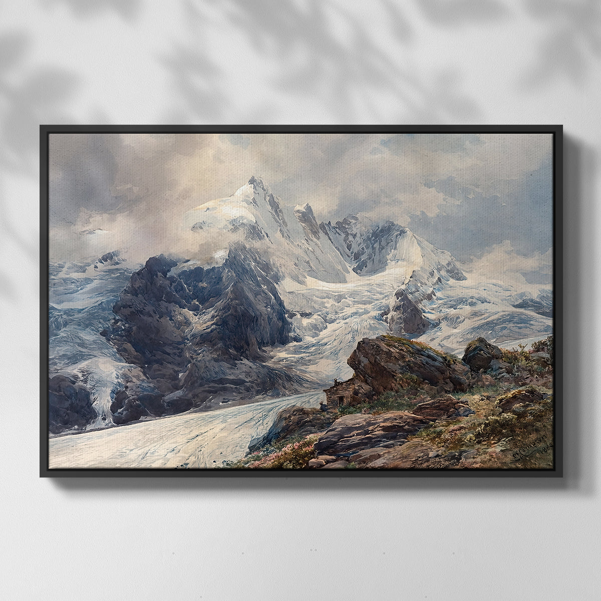 Front view of The Grossglockner, 1880 by Edward Theodore Compton in a black floater framed canvas.