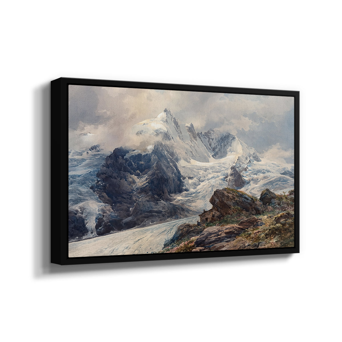 Angled view of The Grossglockner, 1880 by Edward Theodore Compton in a black floater framed canvas.