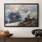 The Grossglockner, 1880 by Edward Theodore Compton in a black floater framed canvas displayed above a console table in a hallway, featuring an alpine peak dominating surrounding terrain.