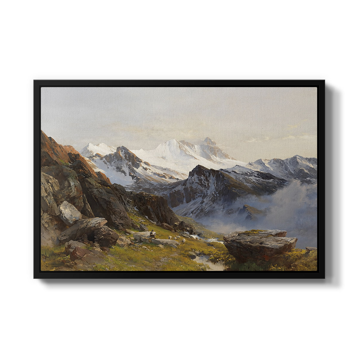 The Großglockner from the Prager Hut, 1890 by Edward Theodore Compton in a black floater framed canvas wall art display.