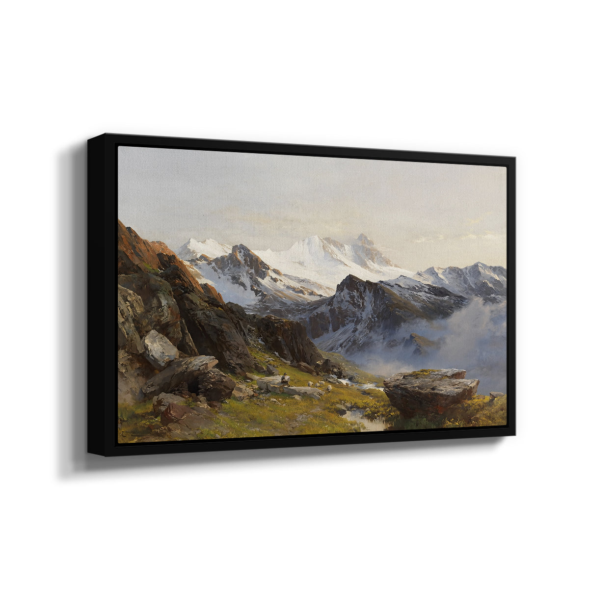 Angled view of The Großglockner from the Prager Hut, 1890 by Edward Theodore Compton in a black floater framed canvas.
