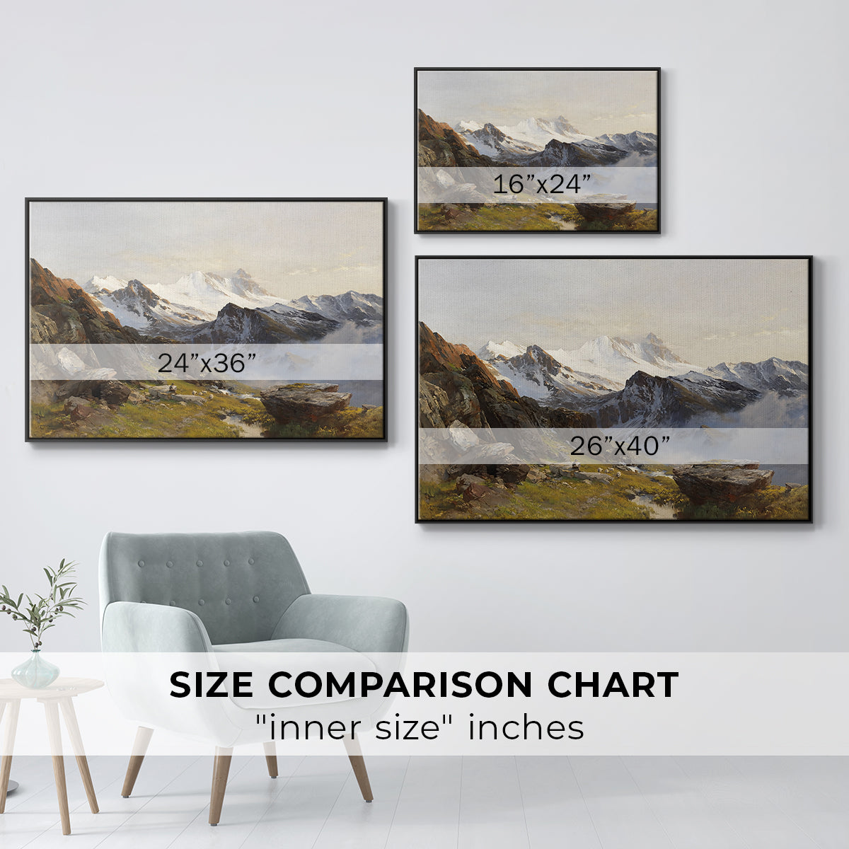 Size comparison chart for black floater framed canvas featuring The Großglockner from the Prager Hut, 1890 by Edward Theodore Compton.