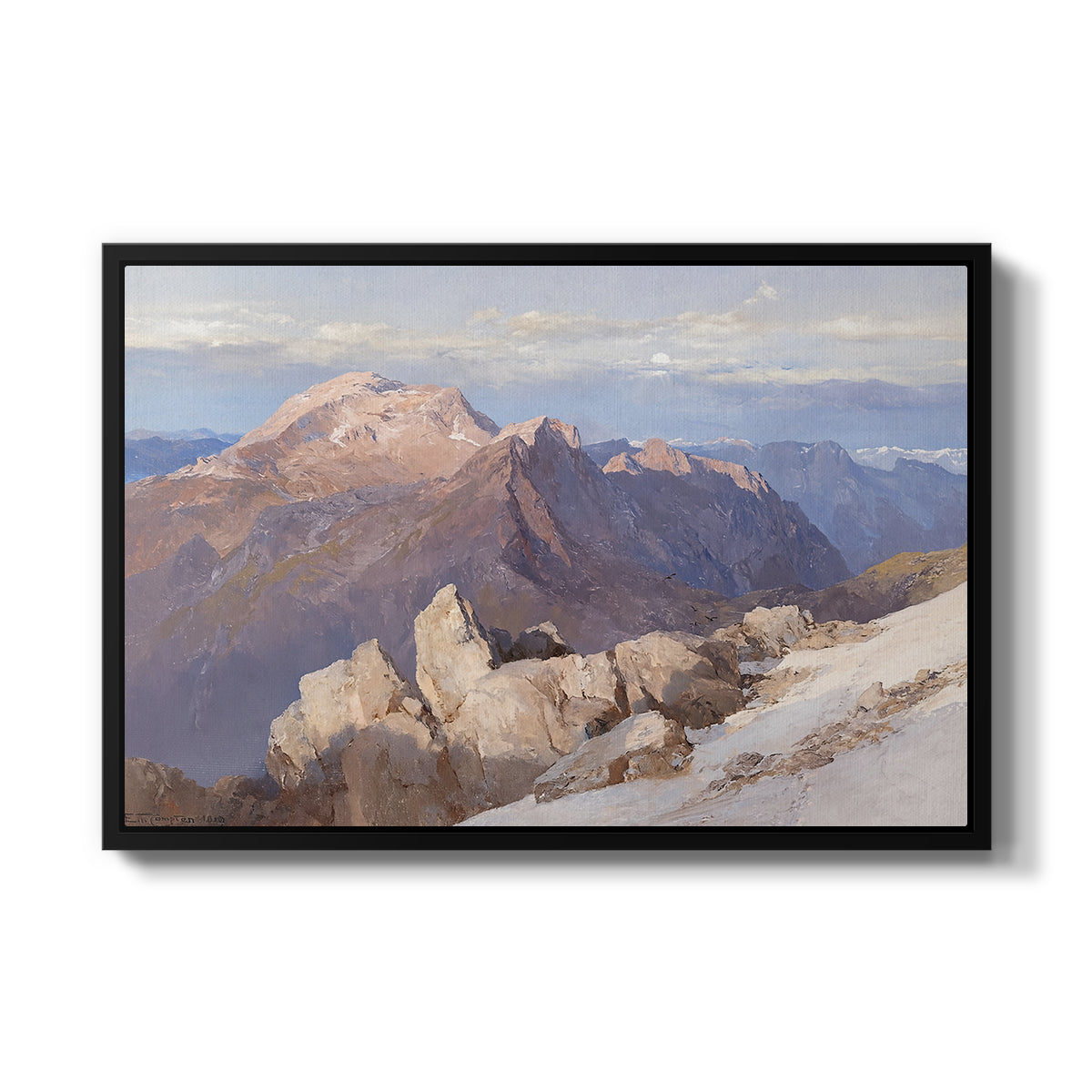 Hoher Göll from Watzmann-Hocheck, 1919 by Edward Theodore Compton in a black floater framed canvas wall art display.