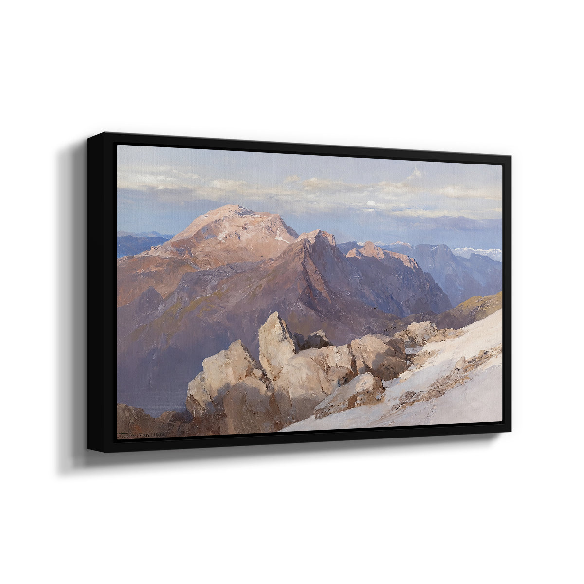 Angled view of Hoher Göll from Watzmann-Hocheck, 1919 by Edward Theodore Compton in a black floater framed canvas.