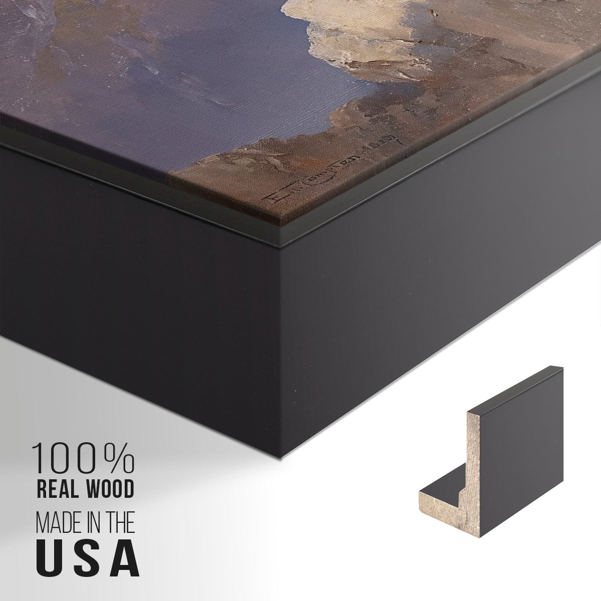Close-up of the black floater frame corner and gallery wrapped canvas construction.