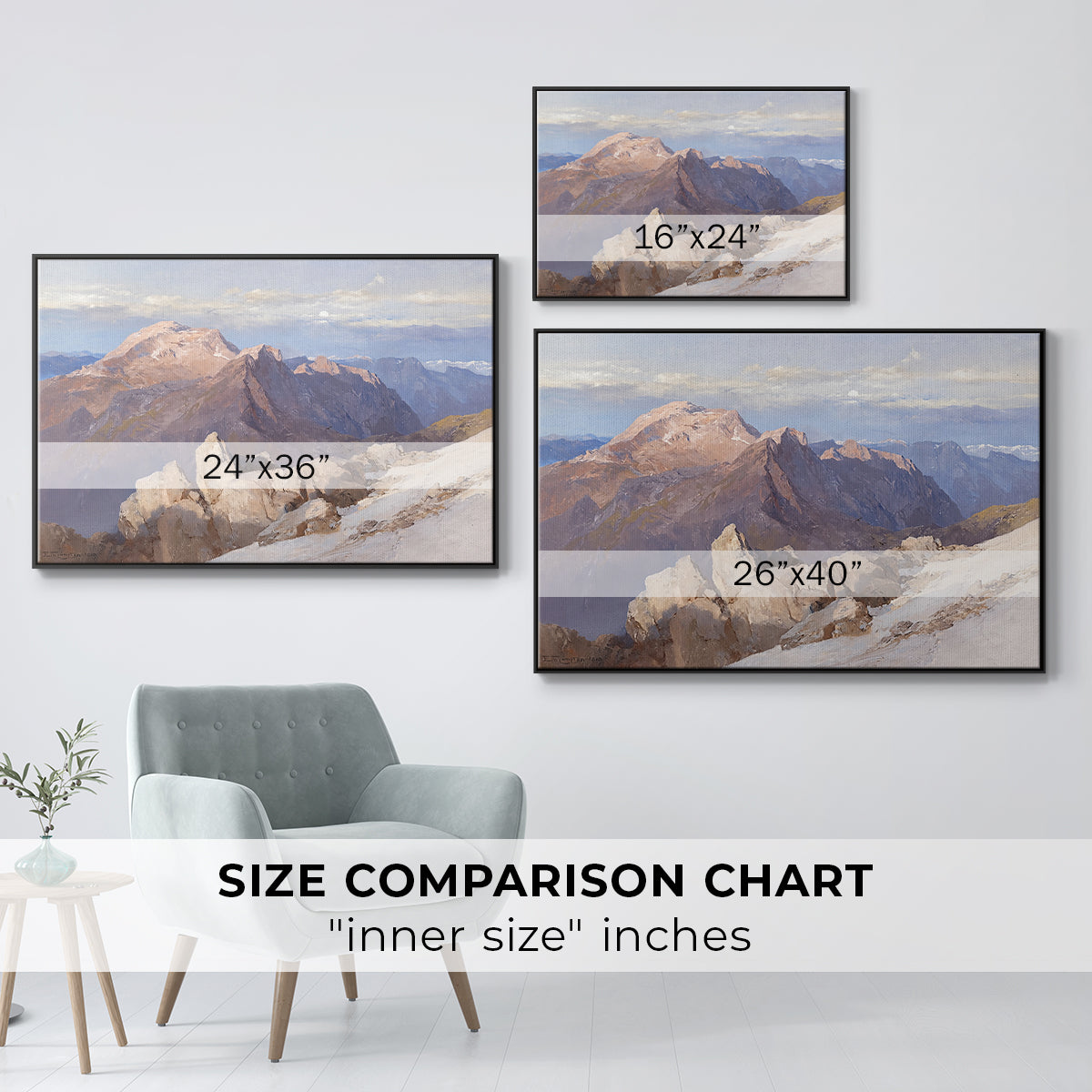 Size comparison chart for black floater framed canvas featuring Hoher Göll from Watzmann-Hocheck, 1919 by Edward Theodore Compton.