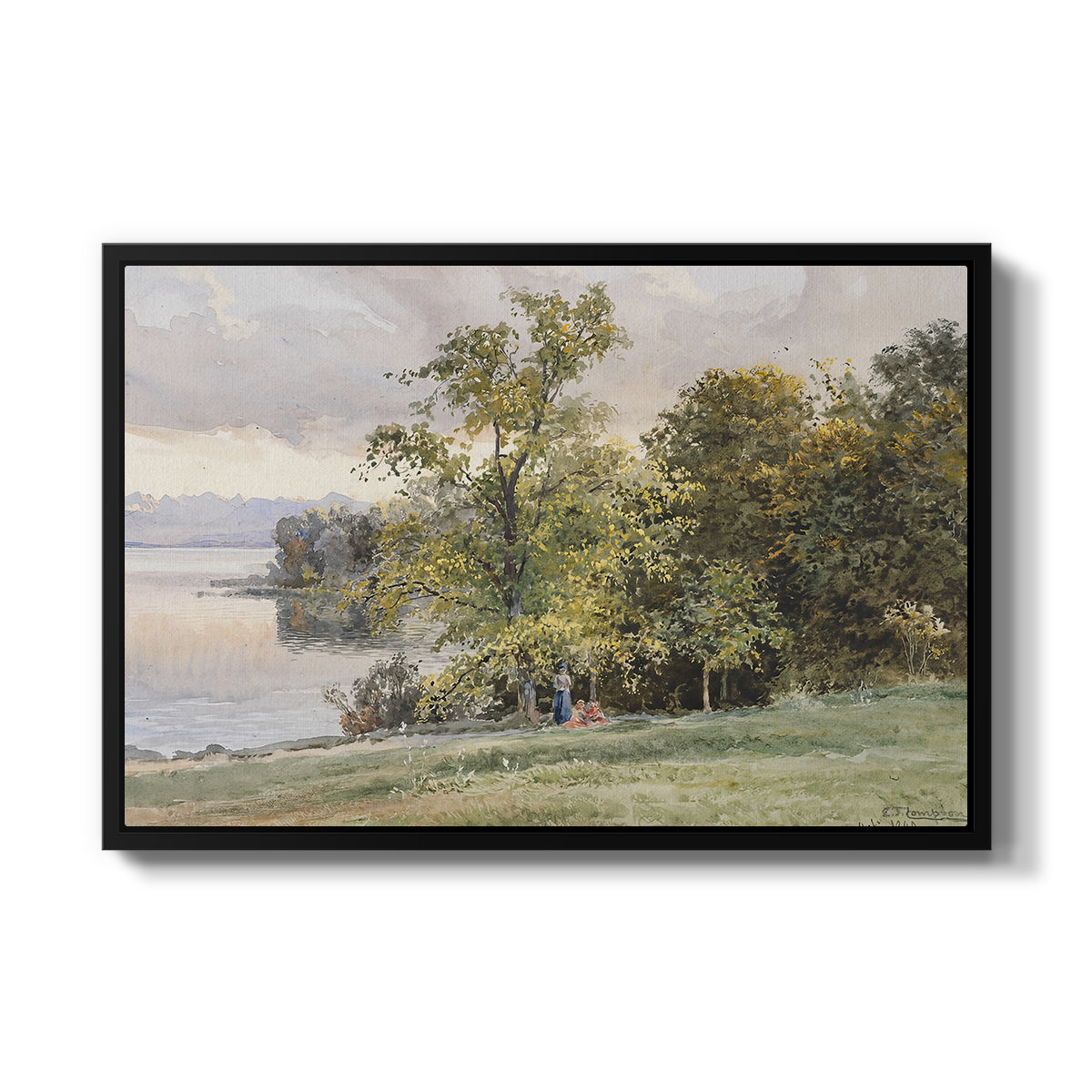 Landscape at Lake Starnberg, 1890 by Edward Theodore Compton in a black floater framed canvas wall art display.