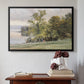 Black floater framed canvas featuring Landscape at Lake Starnberg, 1890 by Edward Theodore Compton above an entryway table in a minimalist foyer.