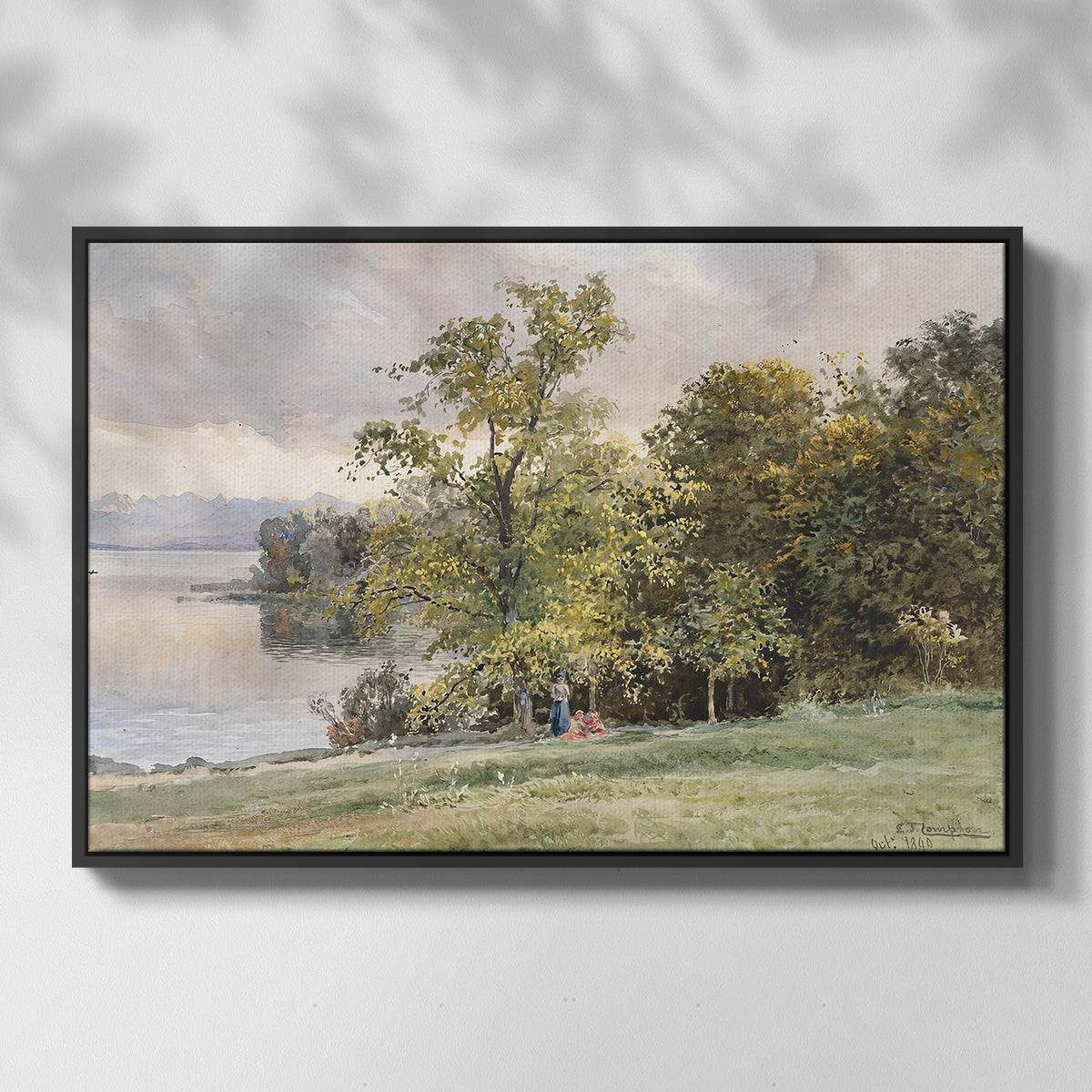 Front view of Landscape at Lake Starnberg, 1890 by Edward Theodore Compton in a black floater framed canvas.