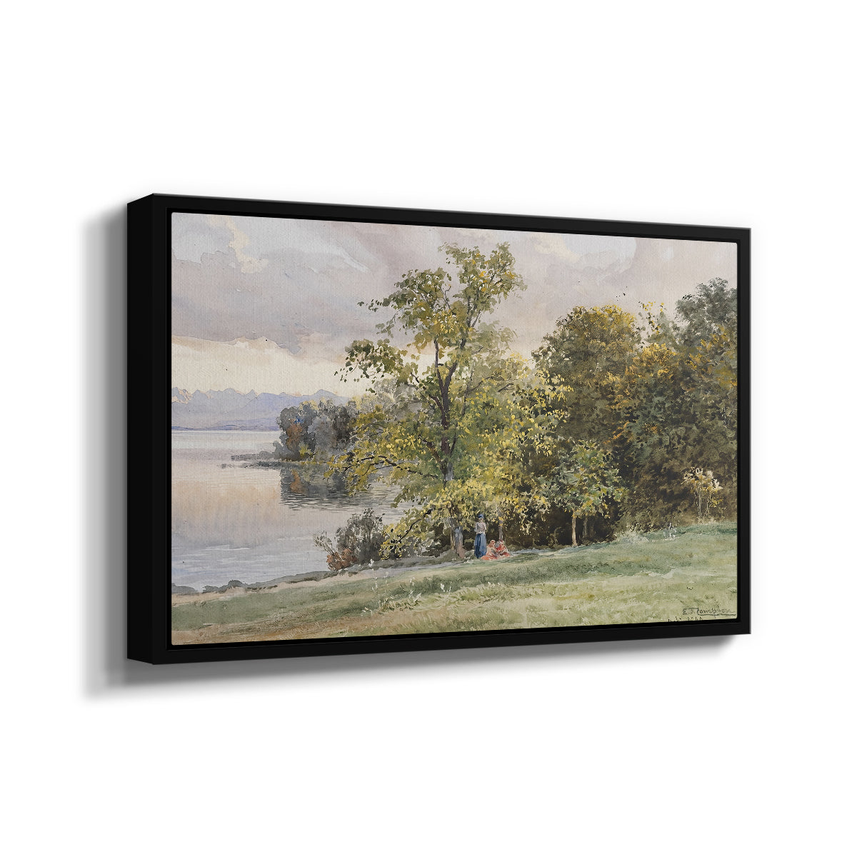 Angled view of Landscape at Lake Starnberg, 1890 by Edward Theodore Compton in a black floater framed canvas.