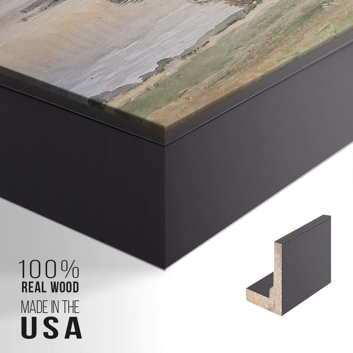 Close-up of the black floater frame corner and gallery wrapped canvas construction.