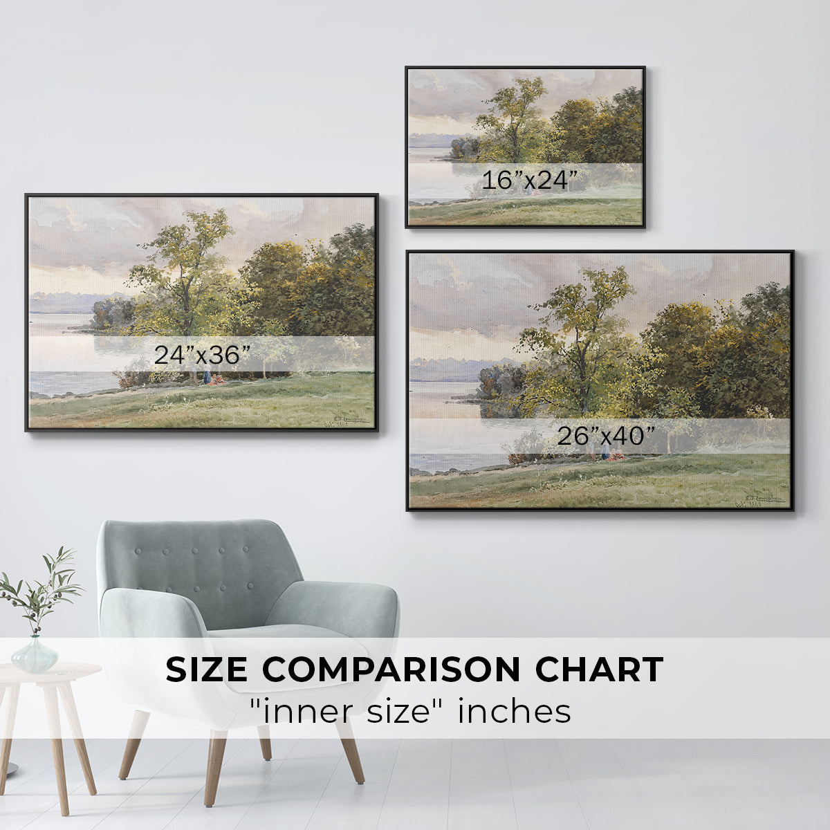 Size comparison chart for black floater framed canvas featuring Landscape at Lake Starnberg, 1890 by Edward Theodore Compton.