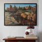 Black floater framed canvas featuring Palatine in Rome, c. 1921 by Edward Theodore Compton above an entryway table in a minimalist foyer.