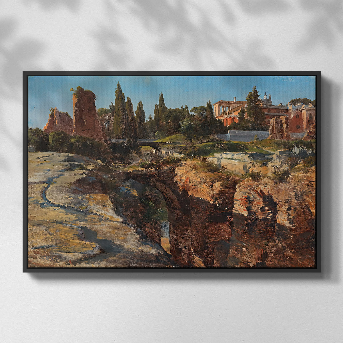 Front view of Palatine in Rome, c. 1921 by Edward Theodore Compton in a black floater framed canvas.