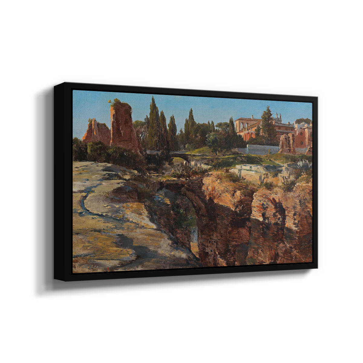 Angled view of Palatine in Rome, c. 1921 by Edward Theodore Compton in a black floater framed canvas.