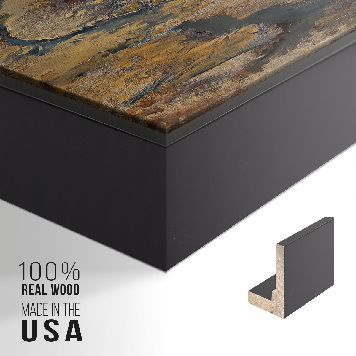 Close-up of the black floater frame corner and gallery wrapped canvas construction.
