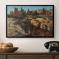 Palatine in Rome, c. 1921 by Edward Theodore Compton in a black floater framed canvas displayed above a console table in a hallway, featuring a detailed depiction of historic Roman architecture.