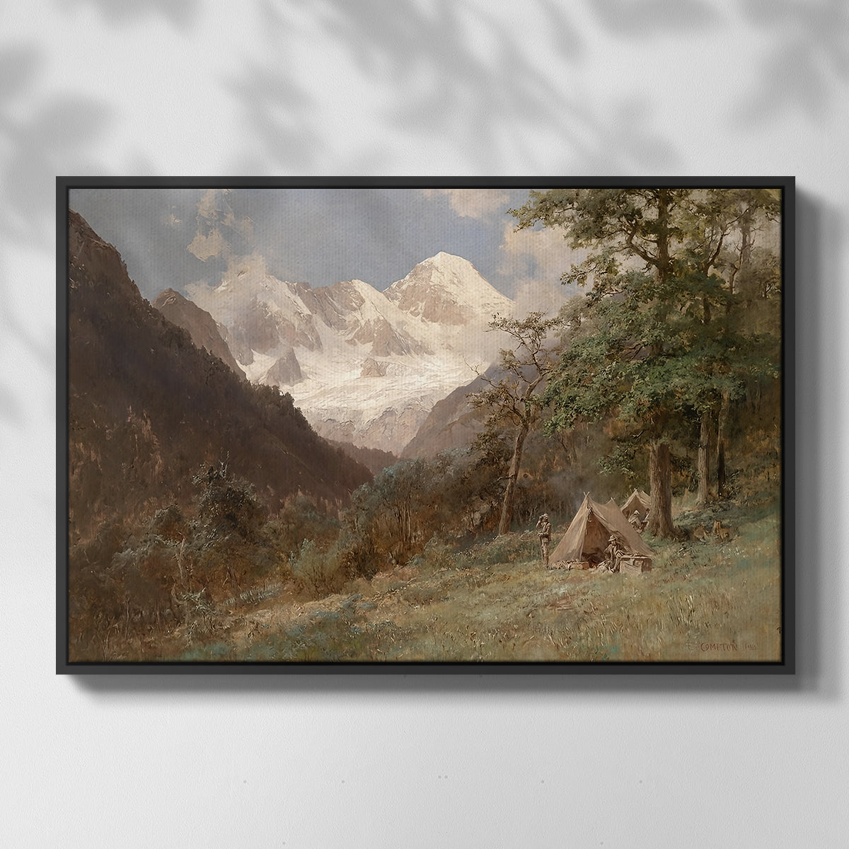 Front view of Landscape in the Caucasus, c. 1921 by Edward Theodore Compton in a black floater framed canvas.