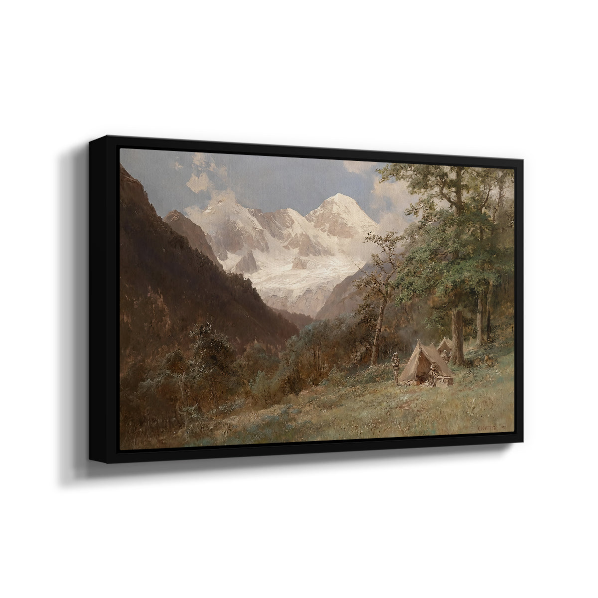 Angled view of Landscape in the Caucasus, c. 1921 by Edward Theodore Compton in a black floater framed canvas.