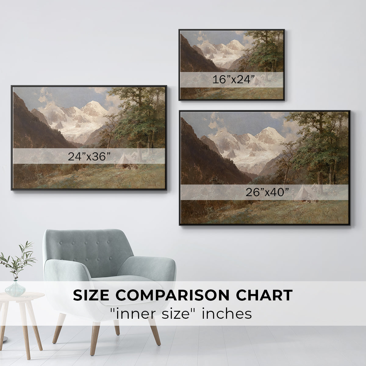 Size comparison chart for black floater framed canvas featuring Landscape in the Caucasus, c. 1921 by Edward Theodore Compton.