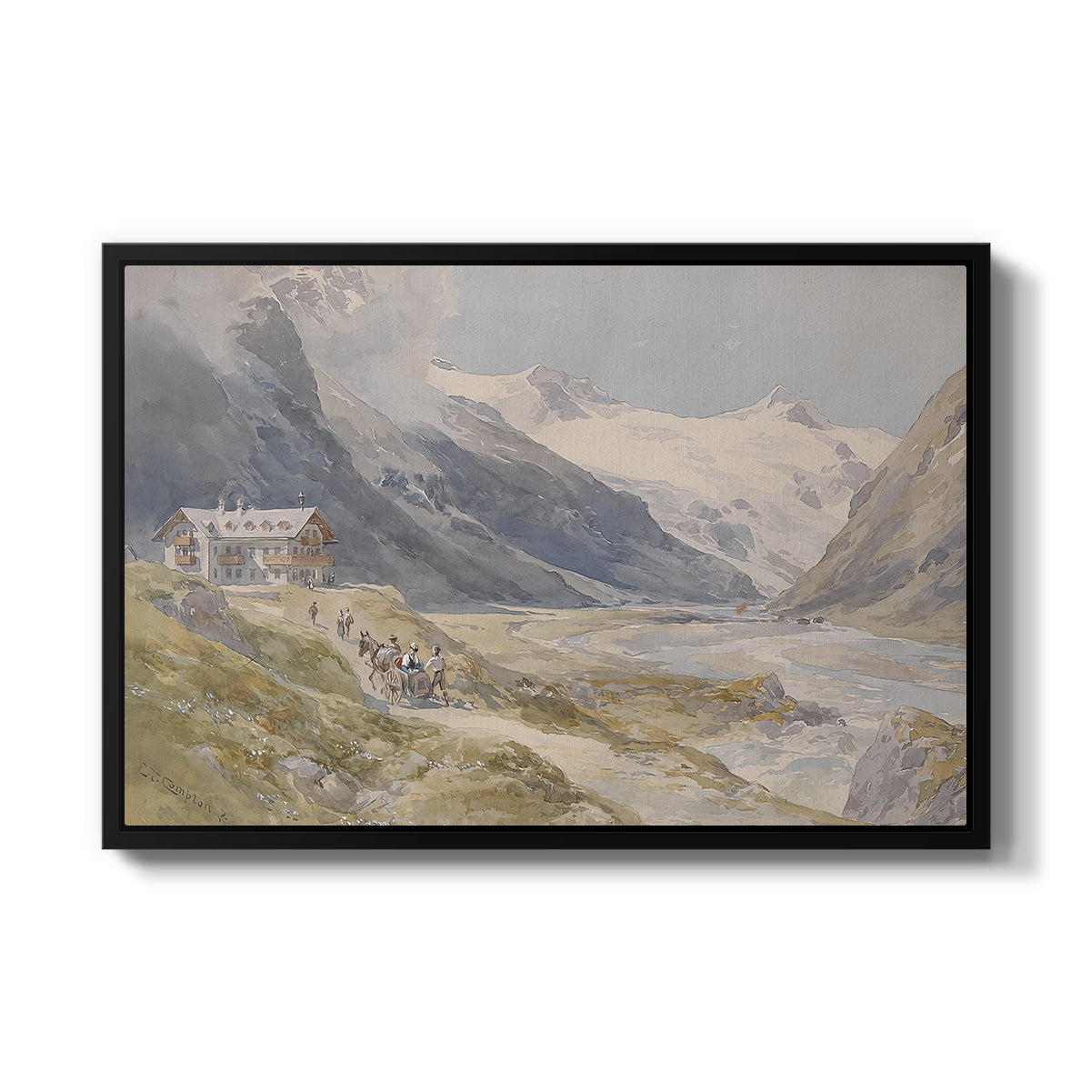 Shepherds (Pasterze), c. 1921 by Edward Theodore Compton in a black floater framed canvas wall art display.