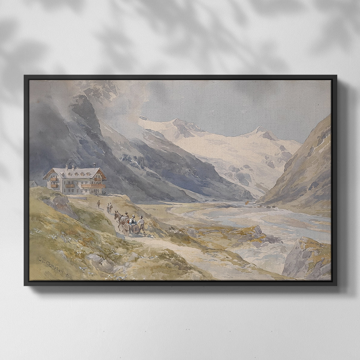 Front view of Shepherds (Pasterze), c. 1921 by Edward Theodore Compton in a black floater framed canvas.