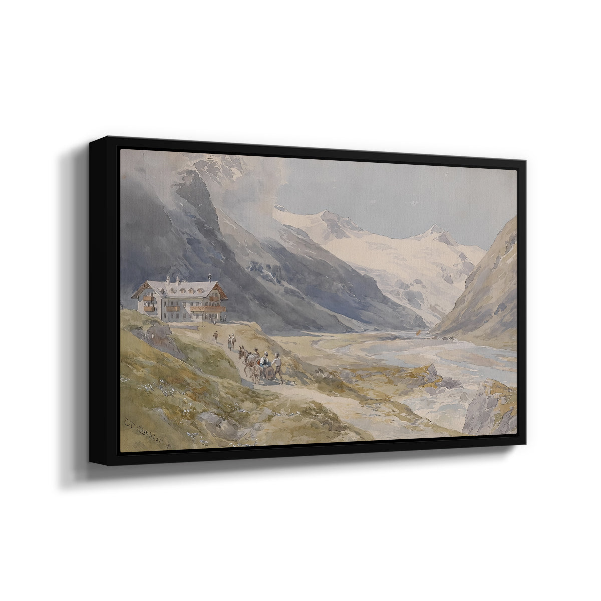 Angled view of Shepherds (Pasterze), c. 1921 by Edward Theodore Compton in a black floater framed canvas.