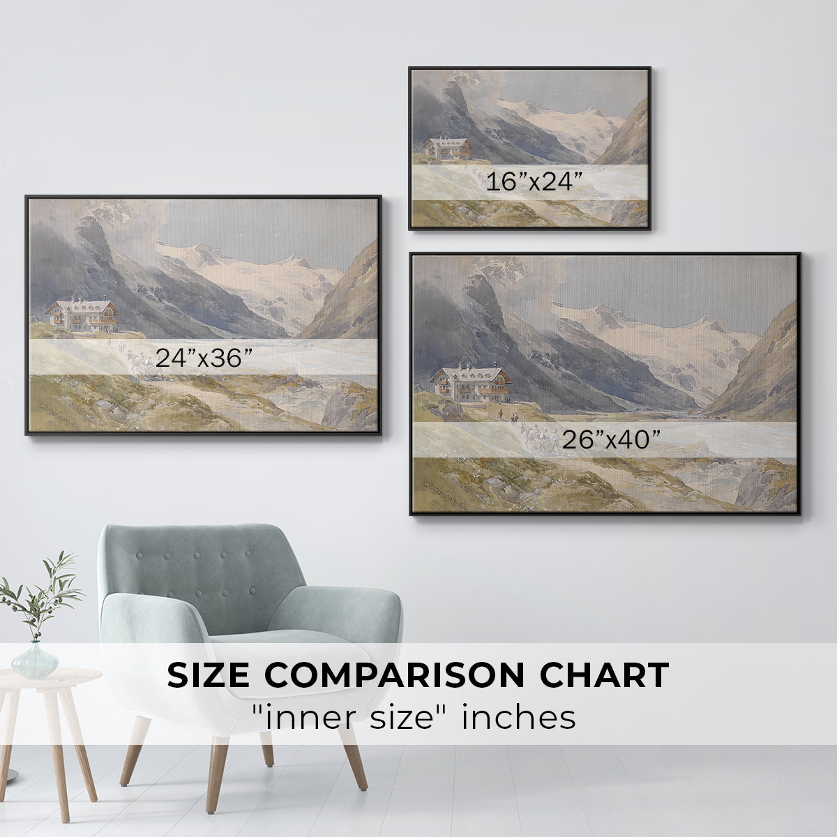 Size comparison chart for black floater framed canvas featuring Shepherds (Pasterze), c. 1921 by Edward Theodore Compton.