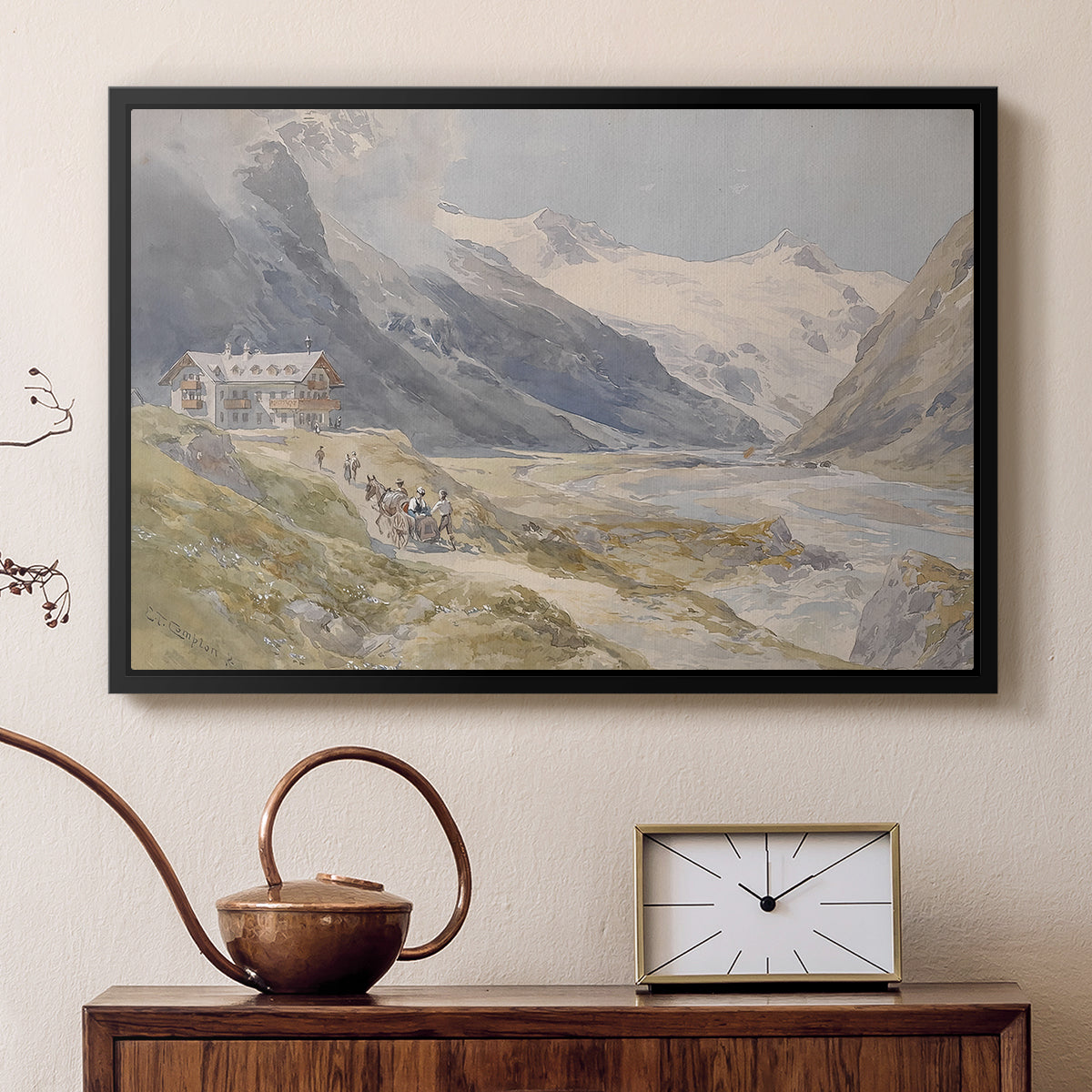 Black floater framed canvas featuring a rural alpine setting with shepherds and open terrain, displayed above a cabinet in a soft-toned living room.