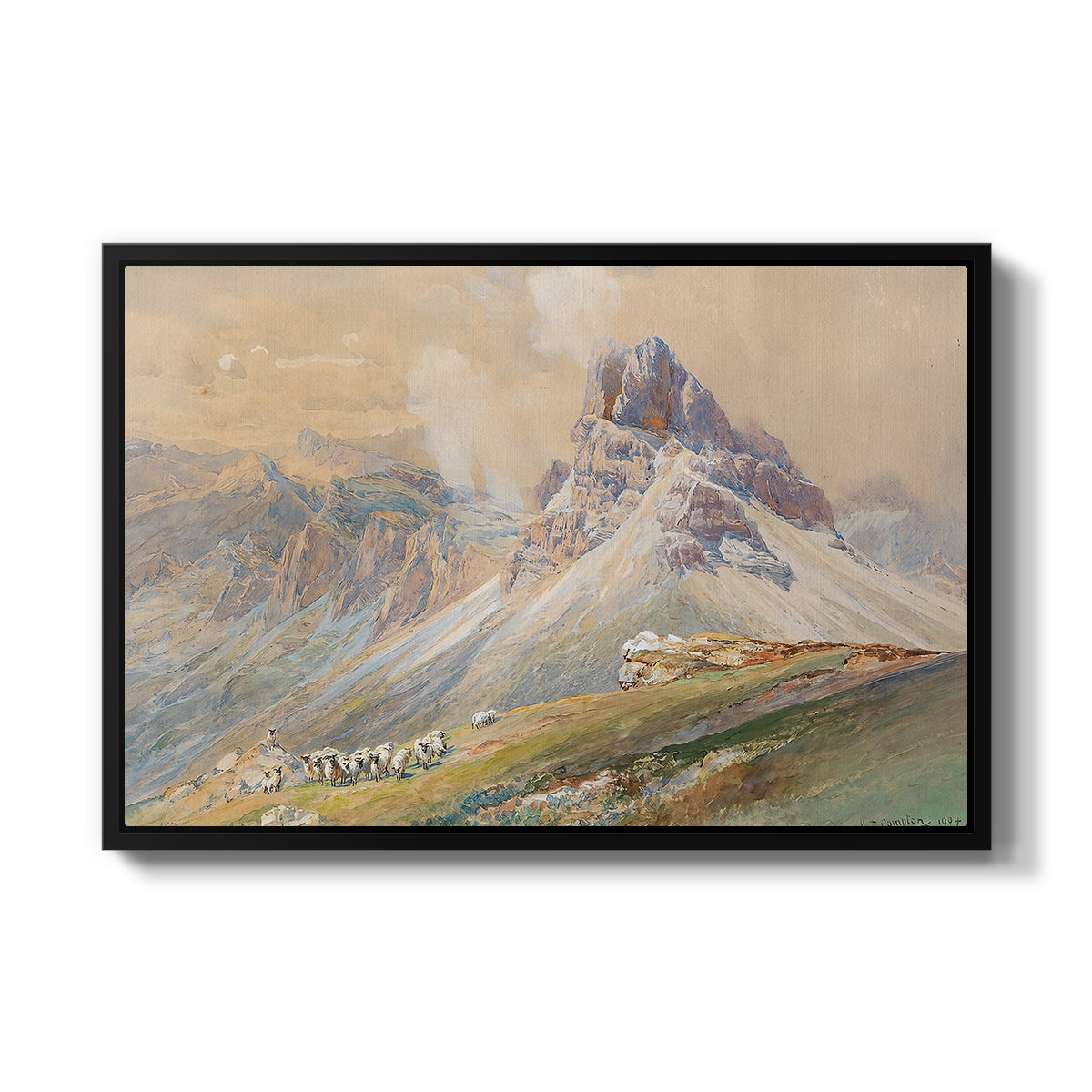 From the Dolomites, 1904 by Edward Theodore Compton in a black floater framed canvas wall art display.