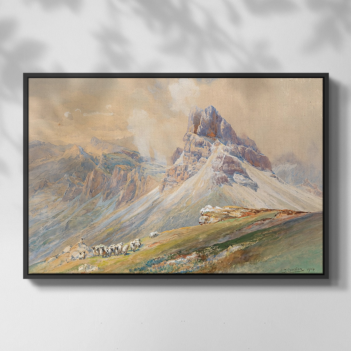 Front view of From the Dolomites, 1904 by Edward Theodore Compton in a black floater framed canvas.