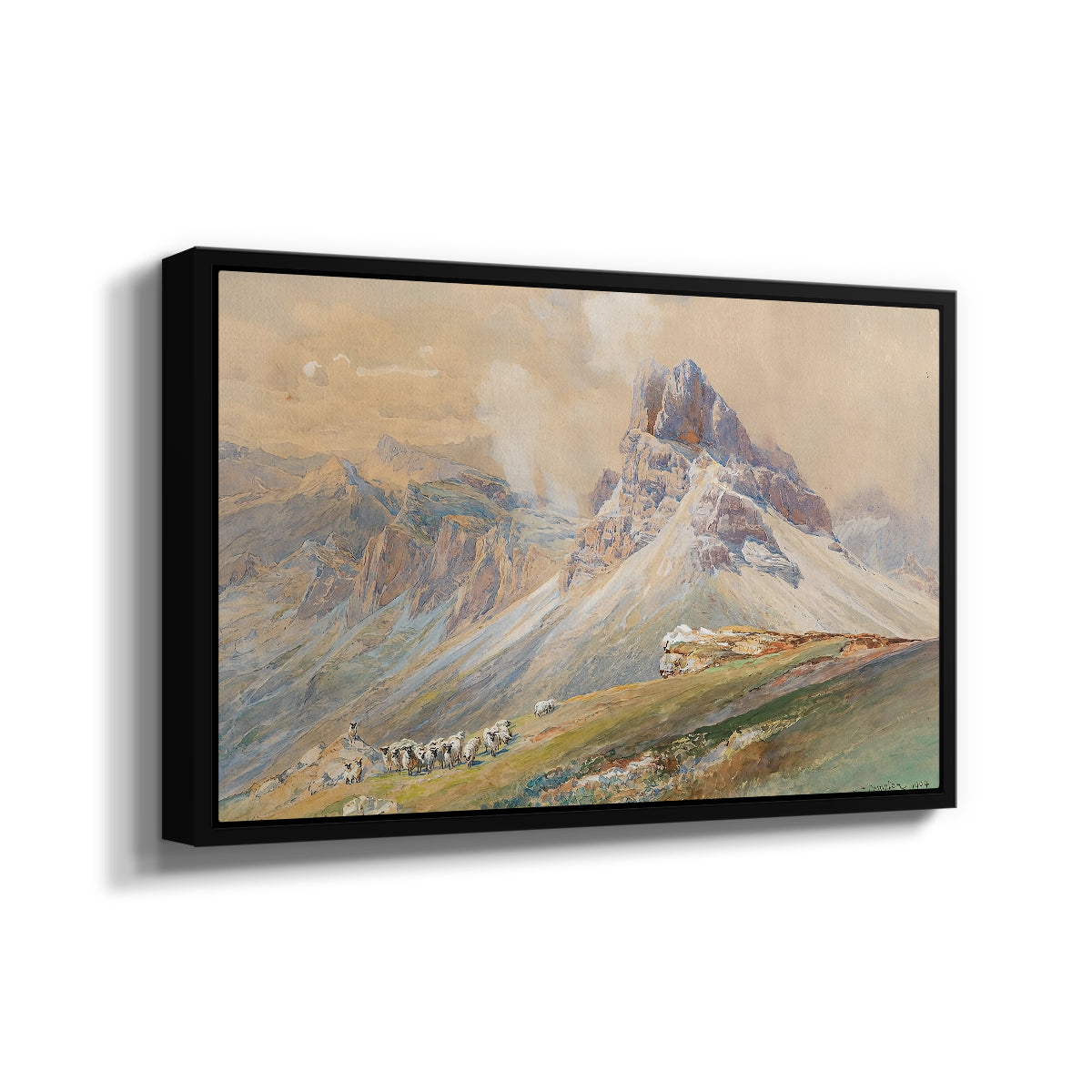 Angled view of From the Dolomites, 1904 by Edward Theodore Compton in a black floater framed canvas.