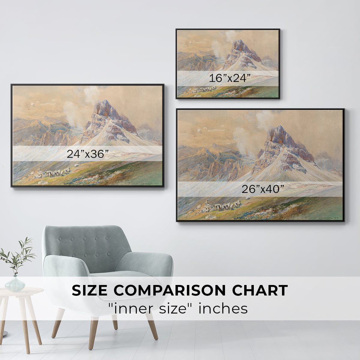 Size comparison chart for black floater framed canvas featuring From the Dolomites, 1904 by Edward Theodore Compton.