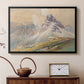 Black floater framed canvas featuring an expansive landscape featuring iconic Dolomite peaks, displayed above a cabinet in a soft-toned living room.